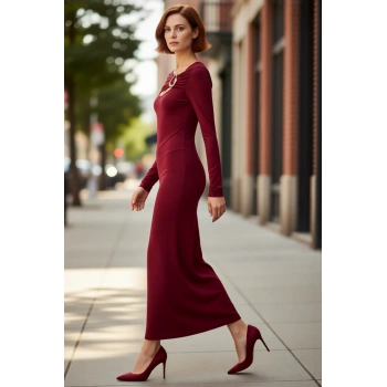 Kadın Bodycon Kesim Aksesuar Detaylı Uzun Kollu Maxi Örme Elbise Şık Gündüz Gece Kombinler İçin.