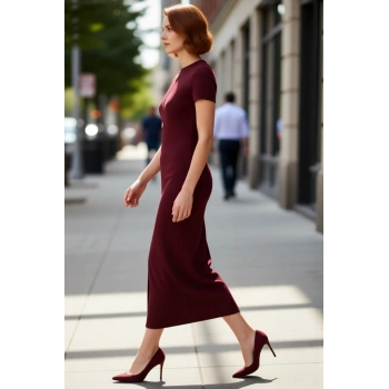 Kadın Bodycon Kesim Bisiklet Yaka Aksesuar Detaylı Ottoman Örme Midi Elbise Günlük Rahatlığı Sunar