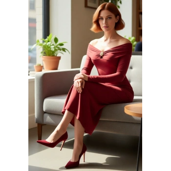 Kadın Bodycon Kesim Carmen Yaka Uzun Kollu Maxi Elbise Aksesuar Detaylı Örme Kış Modası Kaliteli