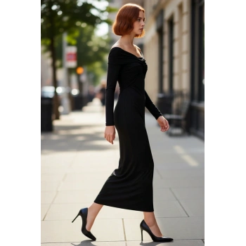 Kadın Bodycon Kesim Carmen Yaka Uzun Kollu Örme Midi Elbise Şık Gece Davetleri İçin İdeal Seçim