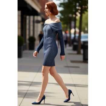 Kadın Bodycon Kesim Degrade Çizgili İnce Triko Mini Elbise Omuzları Açık Fermuar Detaylı Kaliteli