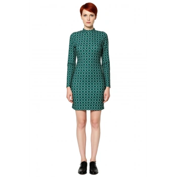 Kadın Bodycon Kesim Dik Yaka Uzun İspanyol Kollu Geometrik Desenli Mini Kışlık Örme Elbise