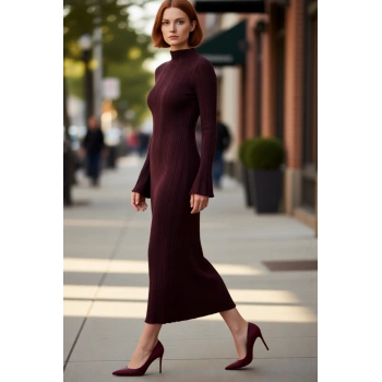Kadın Bodycon Kesim Dik Yaka Uzun Kol Maxi Triko Elbise Kış Aylarında Şık ve Rahat Bir Tarz Sunar