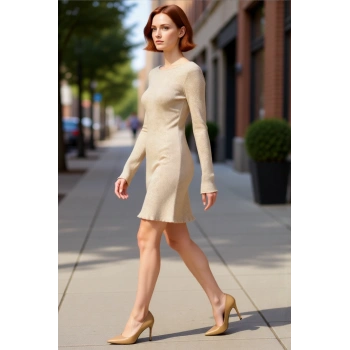 Kadın Bodycon Kesim Kayık Yaka Uzun Kollu Düz Desen Örme Mini Elbise Kışlık Şıklığın Anahtarı