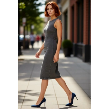 Kadın Bodycon Kesim Kolsuz Bisiklet Yaka Denim Midi Elbise Rahatlık ve Şıklığı Birleştiren Stil