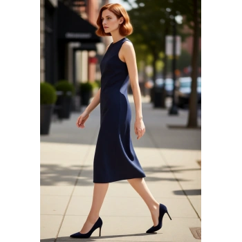 Kadın Bodycon Kesim Kolsuz Midi Denim Elbise Yırtmaç Detaylı Bisiklet Yaka Günlük Şıklık Sunar