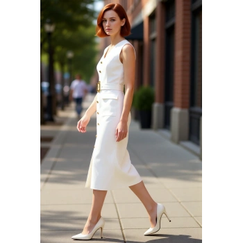 Kadın Bodycon Kesim Kolsuz V Yaka Kemerli Midi Elbise Aksesuar Detaylı Şık ve Modern Finike Dokuma