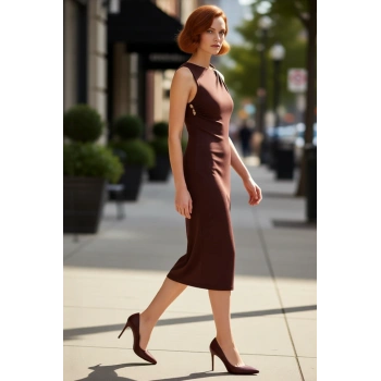 Kadın Bodycon Kesim Midi Asimetrik Yaka Aksesuar Detaylı Şık Örme Kokteyl ve Gece Elbisesi