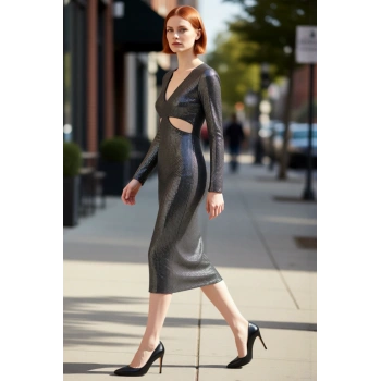Kadın Bodycon Kesim Midi Boy Payetli Cut Out Detaylı V Yaka Abiye Elbise Özel Günler İçin İdeal