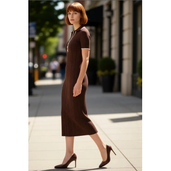 Kadın Bodycon Kesim Midi Boy Triko Elbise Polo Yakalı Renk Bloklu Kısa Kollu Şık Tasarım Kaliteli