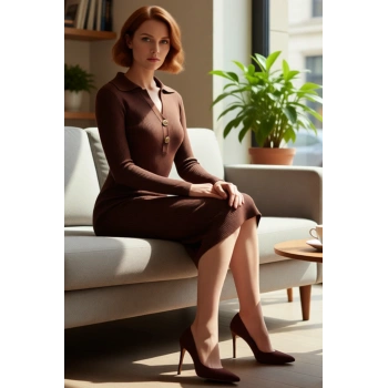 Kadın Bodycon Kesim Midi Triko Elbise Polo Yaka Tasarımıyla Günlük Stilinizi Tamamlar. Kaliteli