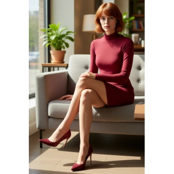 Kadın Bodycon Kesim Rejenere Kaşkorse Kışlık Dik Yaka Uzun Kollu Düz Mini Elbise Kaliteli Şık