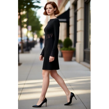 Kadın Bodycon Kesim Uzun Kollu Kayık Yaka Dantel Detaylı Mini Elbise Şık Kışlık Kombinlerinize