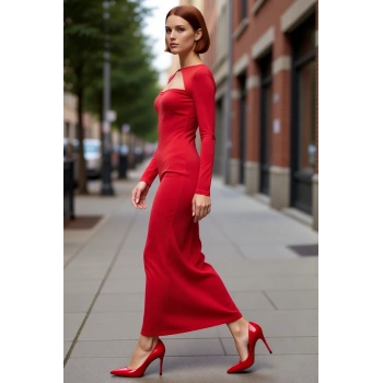 Kadın Bodycon Kesim Uzun Kollu Maxi Elbise Cut Out Detaylı Şık Gece Kokteyl Kıyafeti Kaliteli