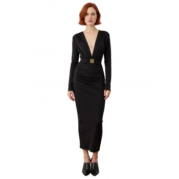 Kadın Bodycon Kesim Uzun Kollu V Yaka Midi Kemerli Şık Gece Davet Elbisesi Modern Tasarım Kaliteli