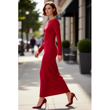 Kadın Bodycon Maxi Boy Uzun Kollu Kayık Yaka Örme Sandy Kumaş Zarif Kışlık Balo Elbisesi Kaliteli