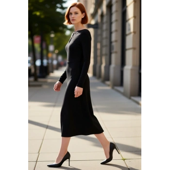 Kadın Bodycon Maxi Örme Elbise Aksesuar Detaylı Şık Kışlık Uzun Kollu Gündüz Gece Kombin Kaliteli