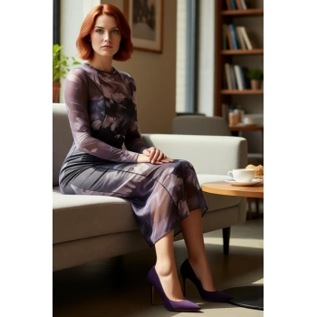 Kadın Bodycon Midi Elbise Astarlı Tül Kumaş Uzun Kollu Bisiklet Yaka Desenli Kışlık Şıklık