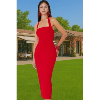 Kadın Bodycon Midi Elbise Kare Yaka Finike Dokuma Yazlık Şık Elbise Trend Tasarım Yüksek Kalite