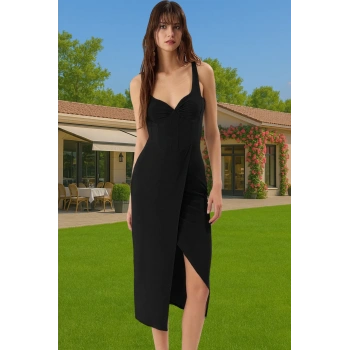 Kadın Bodycon Midi Elbise Örme Kumaş Büzgü Detaylı Mezuniyet Elbisesi Dayanıklı Malzeme