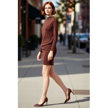 Kadın Bodycon Mini Uzun Kollu Düz Kayık Yaka Sırt Dekolteli Kalın Sandy Örme Elbise Kaliteli