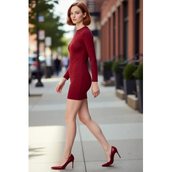 Kadın Bodycon Mini Uzun Kollu Fitilli Örme Elbise Bisiklet Yakalı Rahat Günlük Şıklık Sunar