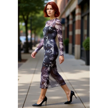 Kadın Bodycon Örme Midi Elbise Astarlı Tül Kumaş Uzun Kollu Bisiklet Yaka Desenli Şık Tasarım