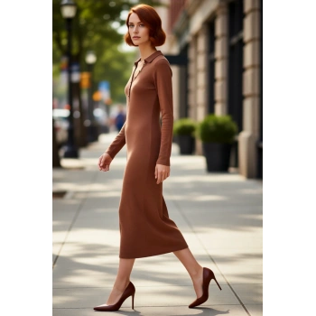 Kadın Bodycon Polo Yaka Uzun Kollu Maxi Örme Elbise Fitilli Tasarımıyla Kış Şıklığı Sunar Kaliteli