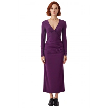 Kadın Bodycon Siluet Uzun Kol V Yaka Büzgülü Detaylı Maxi Elbise Özel Günler Kokteyl Kaliteli