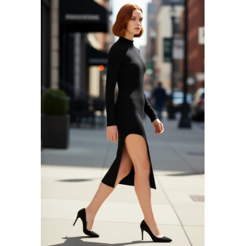 Kadın Bodycon Uzun Kol Dik Yaka Yırtmaçlı Poliviskon Kaşkorse Örme Midi Elbise Kışa Özel Kaliteli