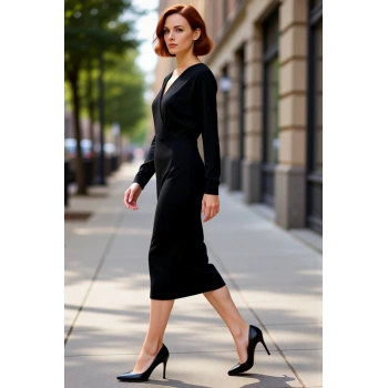 Kadın Bodycon V Yaka Kruvaze Midi Elbise Şık Düz Desenli Uzun Düşük Kol Detaylı Örme Kışlık Smart