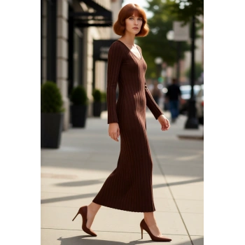 Kadın Bodycon V Yaka Maxi Boy Uzun Kollu Düz Desen Triko Elbise Kış Sezonu İçin Şık Ve Rahat