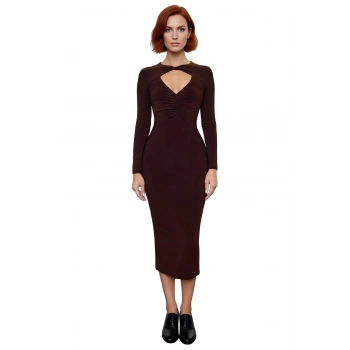 Kadın Bodycone Kalıp Uzun Kollu Midi Boy Düz Desenli Choker Yaka Sandy Dokuma Özel Gün Elbisesi