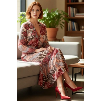 Kadın Bohem Şal Desenli Kuşaklı Midi Dokuma Elbise V Yaka Astarlı Uzun Kollu A Kesim Şifon Günlük