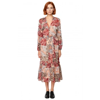 Kadın Bohem Şal Desenli Kuşaklı Midi Dokuma Elbise V Yaka Astarlı Uzun Kollu A Kesim Şifon Günlük