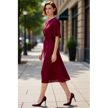 Kadın Bordo A line Kesim Midi Boy Düz Mat Saten Dokuma Elbise Aksesuar Detaylı Şık Bisiklet Yaka