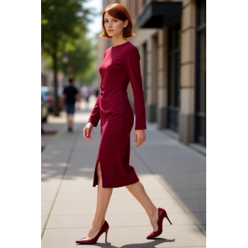Kadın Bordo A Line Kesim Midi Elbise Aksesuar Detaylı Uzun Kollu Şık Krep Dokuma Bisiklet Yaka