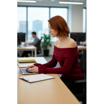 Kadın Bordo Akrilik Triko Kazak Fitted Kalıp Carmen Yaka Uzun Kollu Fitilli Şık Mevsimlik Kaliteli