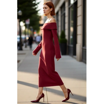 Kadın Bordo Bodycon Kalıp Carmen Yaka Uzun Kollu Örme Midi Elbise Şık Gündüz Gece Kombinleri İçin