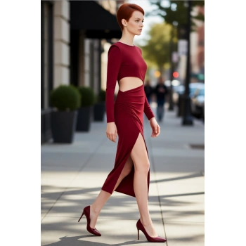Kadın Bordo Bodycon Kesim Uzun Kollu Cut Out Detaylı Şık Maxi Elbise Gece Mezuniyet Davetleri