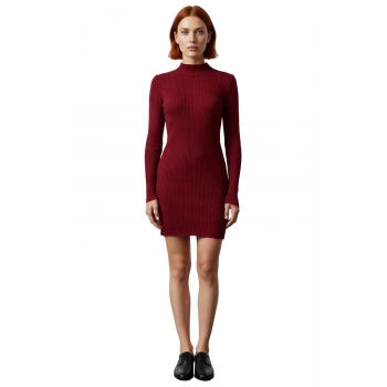 Kadın Bordo Bodycon Triko Mini Elbise Dik Yaka Uzun Kollu Kışlık Gündelik ve Tarz Bir Seçim