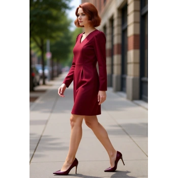 Kadın Bordo Bodycon V Yaka Balon Kol Uzun Kollu Dokuma Mini Elbise Büyük Beden Şık Günlük Kaliteli