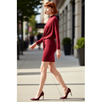 Kadın Bordo Bodycon Yarasa Kol Dik Yaka Düz Örme Kısa Elbise Şık Davetler Kış Kombinleri İçin