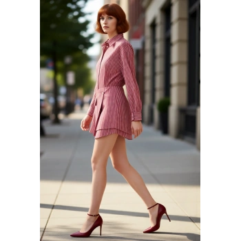 Kadın Bordo Çizgili Gömlek Elbise Vücuda Oturan Mini Boy Rahat Dokuma Kumaş İlkbahar Sonbahar Modası