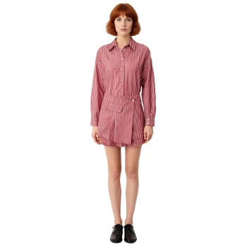 Kadın Bordo Çizgili Mini Gömlek Elbise Fashion Forward Tarzı Düğmeli Detaylı Terrycotton Kumaş