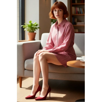 Kadın Bordo Çizgili Mini Gömlek Elbise Fashion Forward Tarzı Düğmeli Detaylı Terrycotton Kumaş