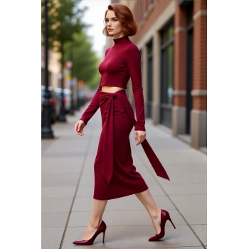 Kadın Bordo Düz Bodycon Cut Outlı Midi Örme Elbise Dik Yaka Uzun Kollu Şık Kışlık Model Kaliteli