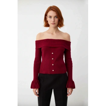 Kadın Bordo Fitted Carmen Yaka Akrilik Triko Kazak Uzun Kollu Fitilli Dokuma Şık Tasarım Kaliteli