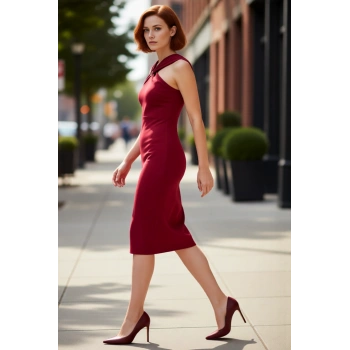 Kadın Bordo Halter Yaka Aksesuar Detaylı Bodycon Midi Elbise Şık Ve Zarif Duruş İle Öne Çıkın