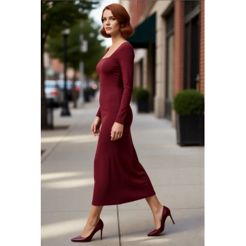 Kadın Bordo Maxi Boy Kare Yaka Bodycon Uzun Kollu Düz Örme Elbise Şık Ve Konforlu Tasarım Kaliteli